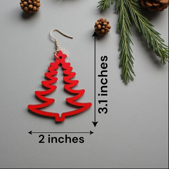 Christmas Tree Earrings Red Wood - Picture 3 of 6